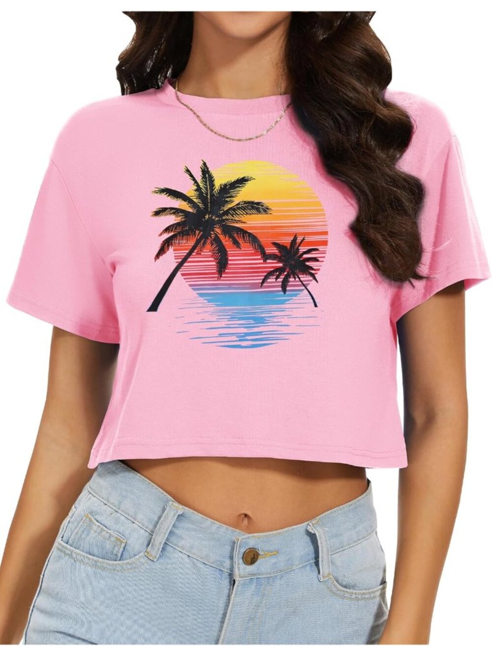 Women's Sunset Coconut Short Sleeve Round Neck Loose Fit Casual Summer Crop Tops - Picture 5 of 6